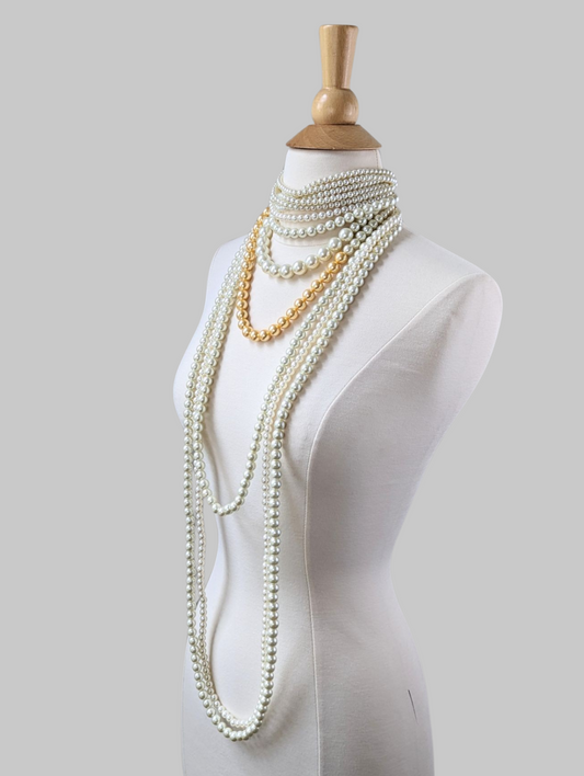 Long White Pearl Statement Necklace with Golden Pearls