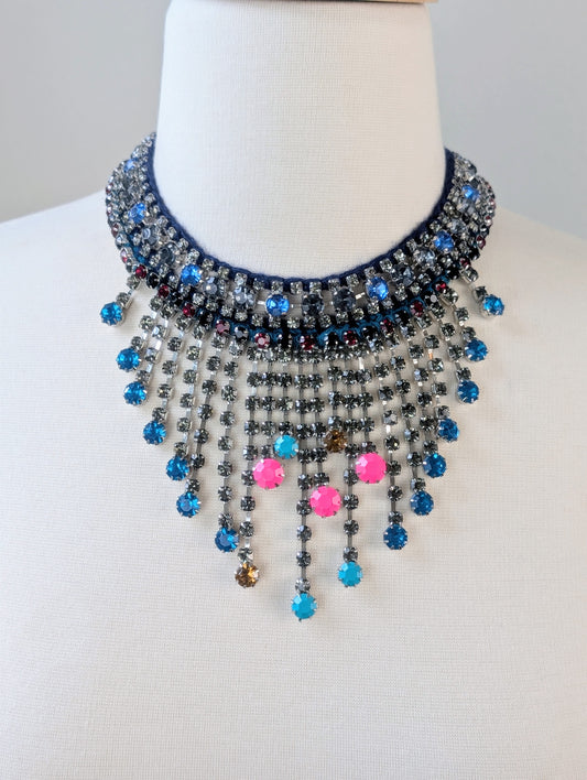 Blue Rhinestone Waterfall Choker