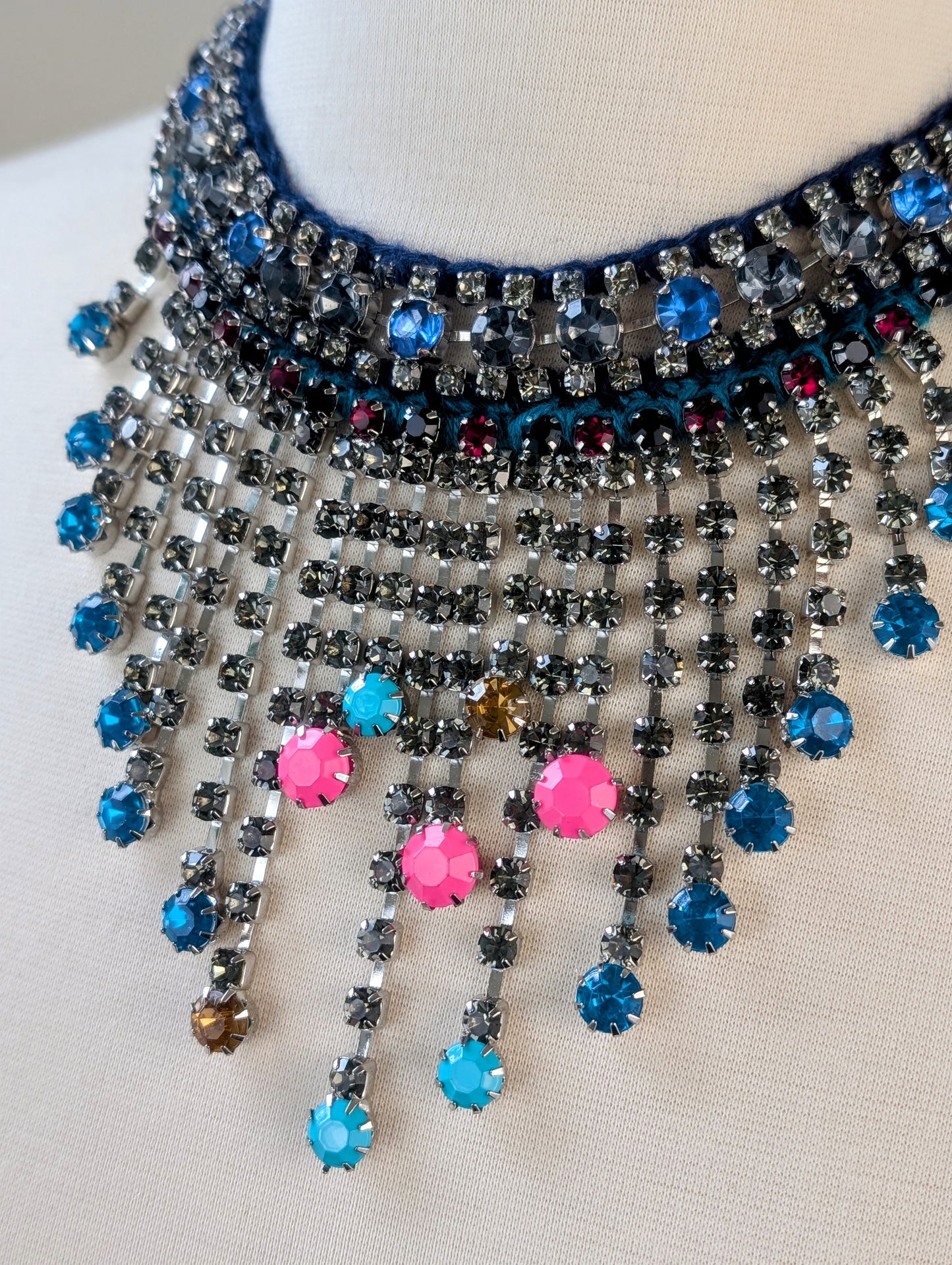 Blue Rhinestone Waterfall Choker