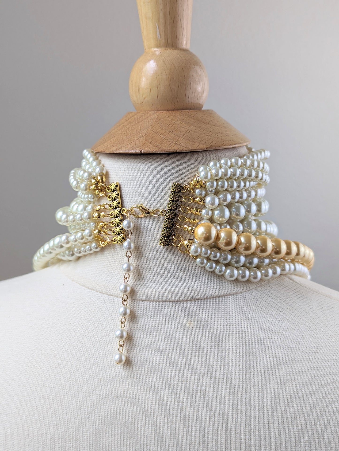 Long White Pearl Statement Necklace with Golden Pearls