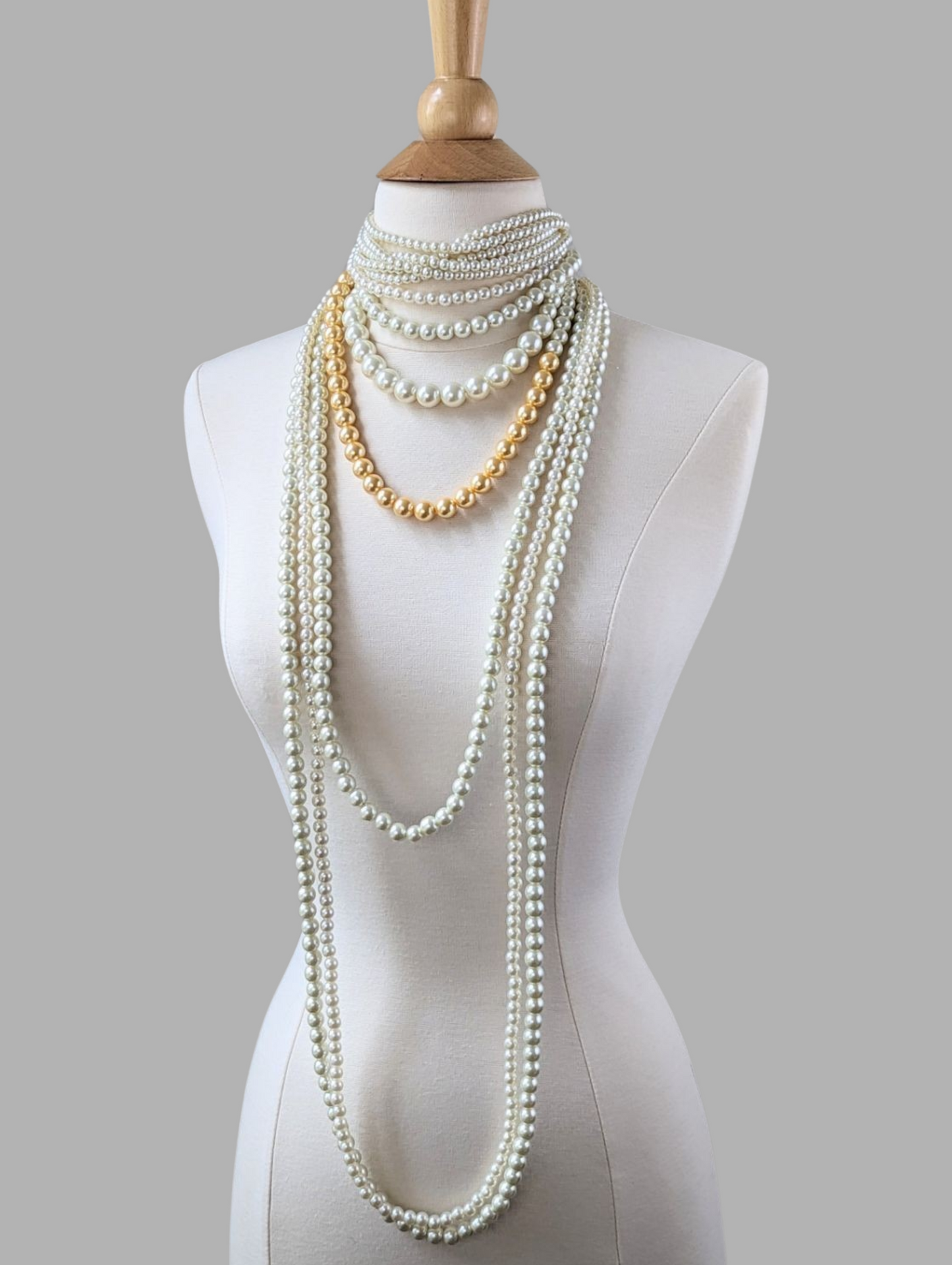 Long White Pearl Statement Necklace with Golden Pearls